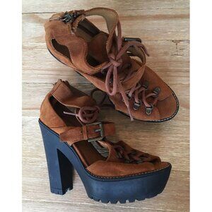 POLO  Ralph Lauren Suede Lace Up Open Toe Platform Chunky Heels Size 37.5 / US 7